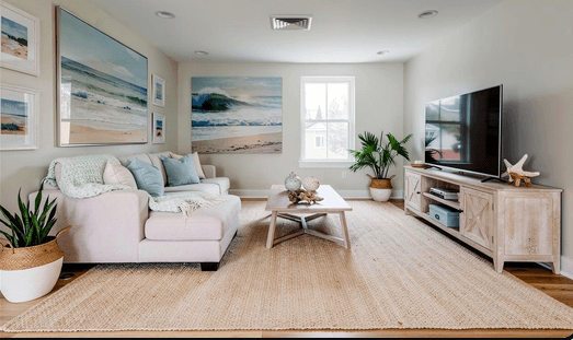 The same living room restyled with a cream linen sofa using FurnitureViz