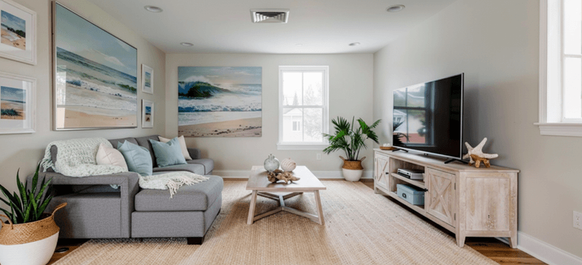 Living room with a grey sectional sofa before visualization
